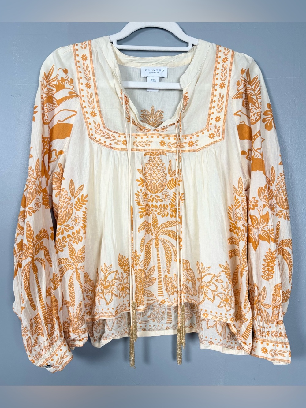 Calypso St. Barth Orange Cream Beachy Floral 100% Cotton Blouse